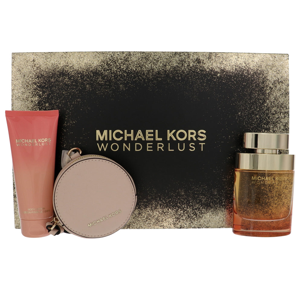 Michael Kors Wonderlust Perfume By Michael Kors 3 Piece Gift Set - 3.4 Oz Eau De Parfum Spray, 3.4 Oz Body Lotion,  Michael Kors Round Purse For Women In Gift Set