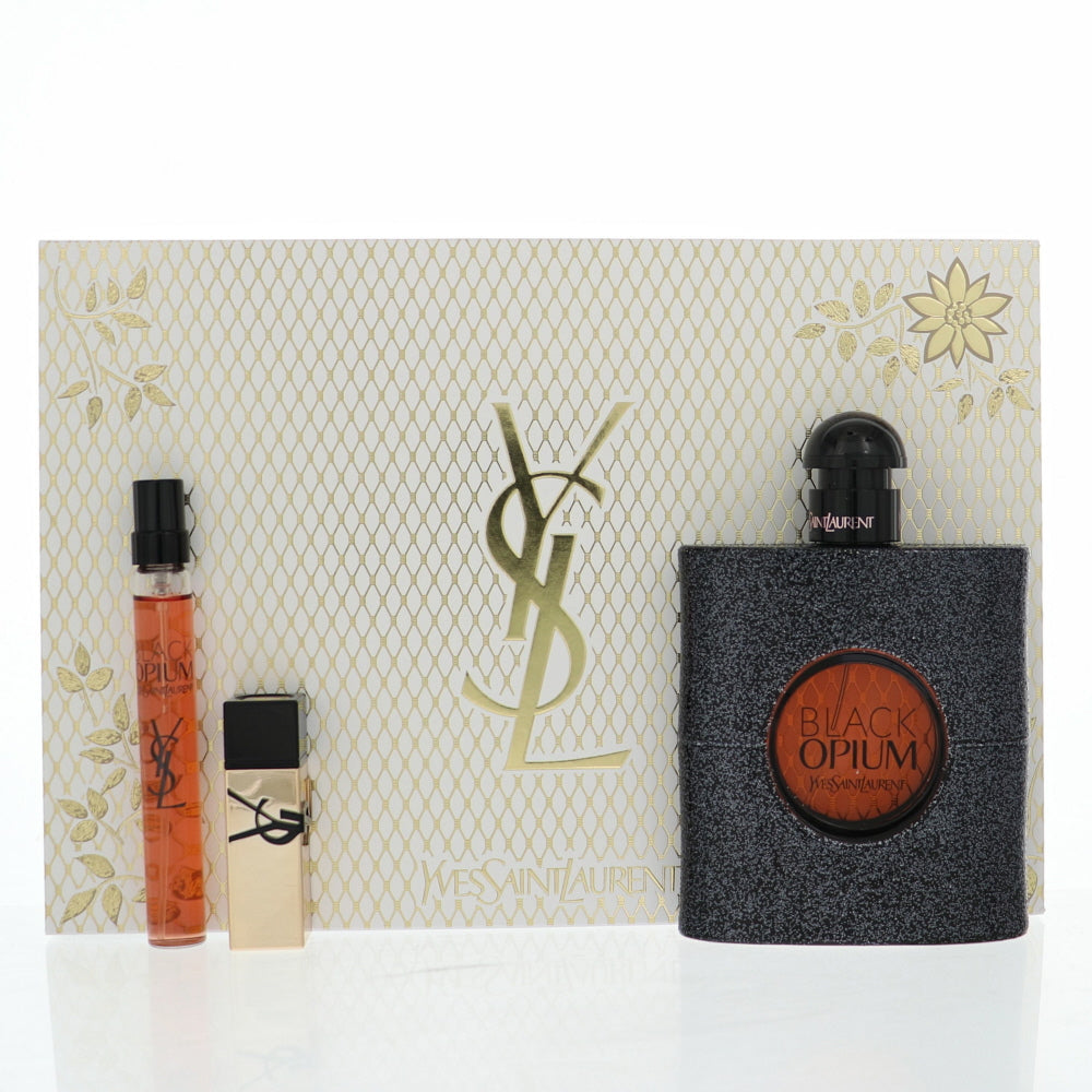 Opium Black Perfume By Yves Saint Laurent 3 Piece Gift Set - 3.0 Oz Eau De Parfum Spray, 0.33 Oz Eau De Parfum Spray, 0.04 Oz Lipstick For Women In Gift Set