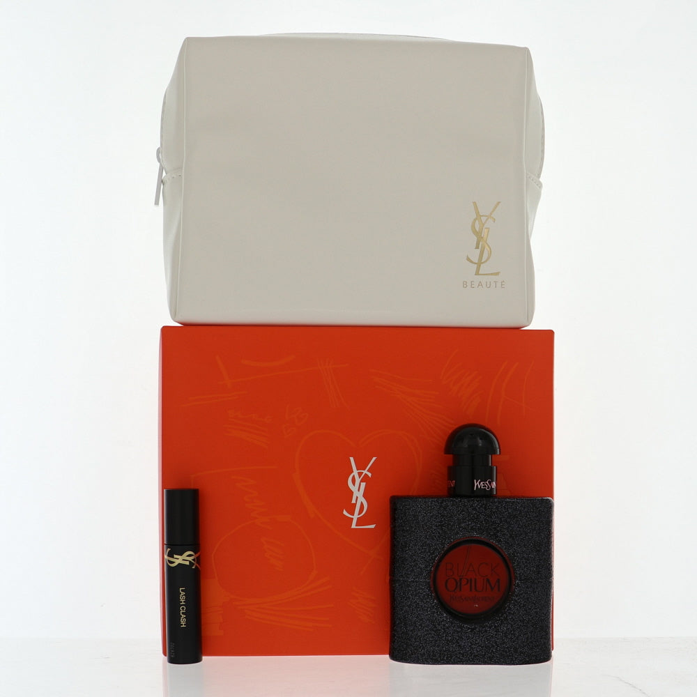 Black Opium Perfume By Yves Saint Laurent 3 Piece Gift Set - 1.6 Oz Eau De Parfum Spray, 0.06 Oz Mascara Volume Extreme,  Pouch For Women In Gift Set