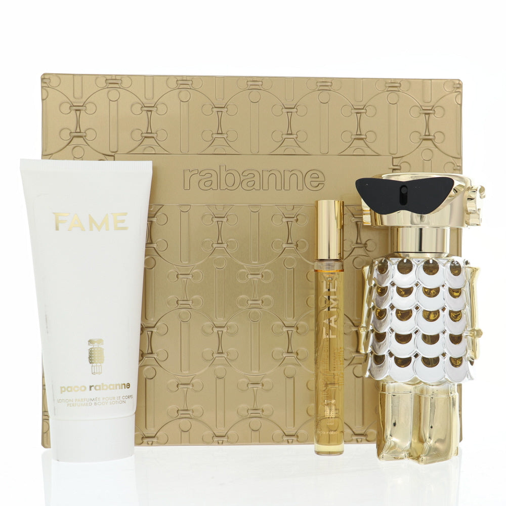 Paco Rabanne Fame Perfume By Paco Rabanne 3 Piece Gift Set - 2.7 Oz Eau De Parfum Spray, 0.34 Oz Eau De Parfum Spray, 3.4 Oz Body Lotion For Women In Gift Set
