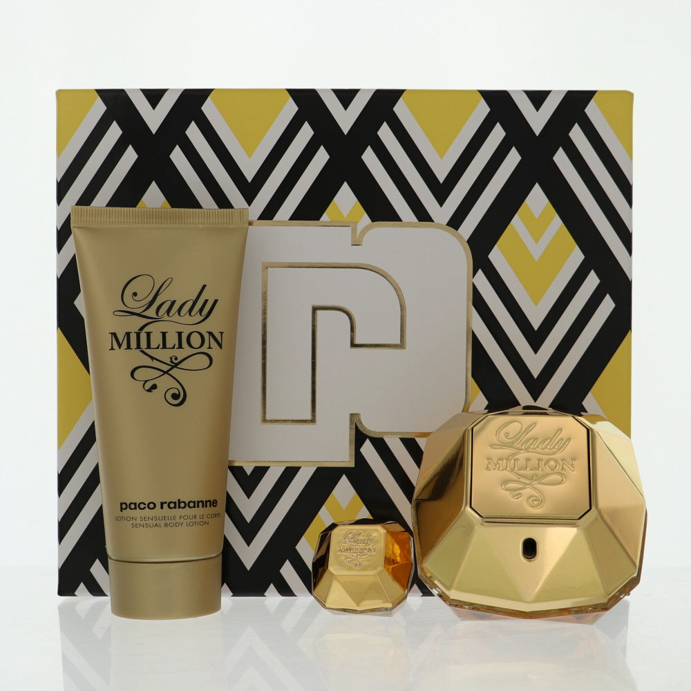 Paco Rabanne Lady Million Perfume By Paco Rabanne 3 Piece Gift Set - 2.7 Oz Eau De Parfum Spray, 0.17 Oz Eau De Parfum Splash, 3.4 Oz Body Lotion For Women In Gift Set