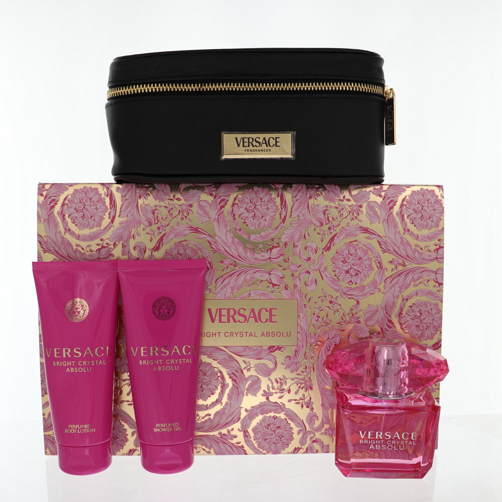 Versace Bright Crystal Absolu Perfume By Versace 4 Piece Gift Set - 3.0 Oz Eau De Parfum Spray, 3.4 Oz Perfumed Shower Gel, 3.4 Oz Perfumed Body Lotion,  Beauty Case For Women In Gift Set
