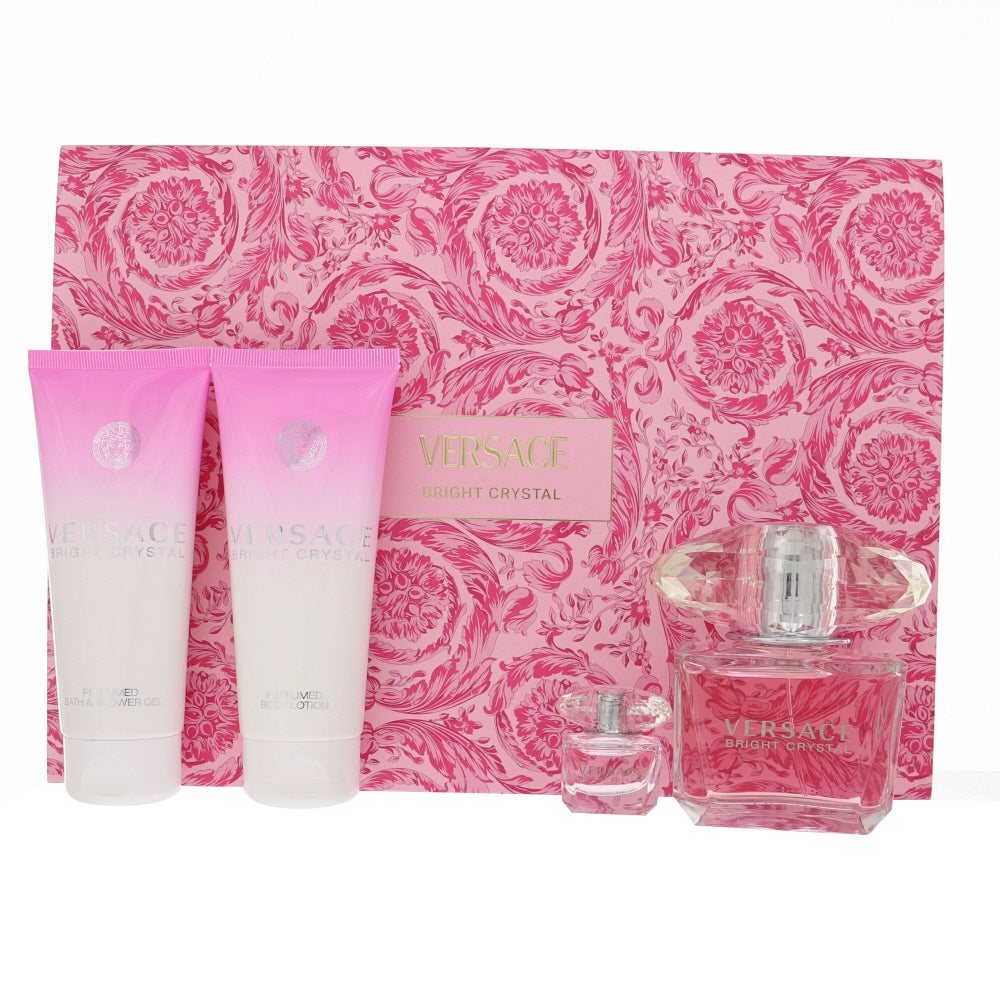 Versace Bright Crystal Perfume By Versace 4 Piece Gift Set - 3.0 Oz Eau De Toilette Spray, 0.17 Oz Eau De Toilette Splash, 3.4 Oz Body Lotion, 3.4 Oz Bath & Shower Gel For Women In Gift Set