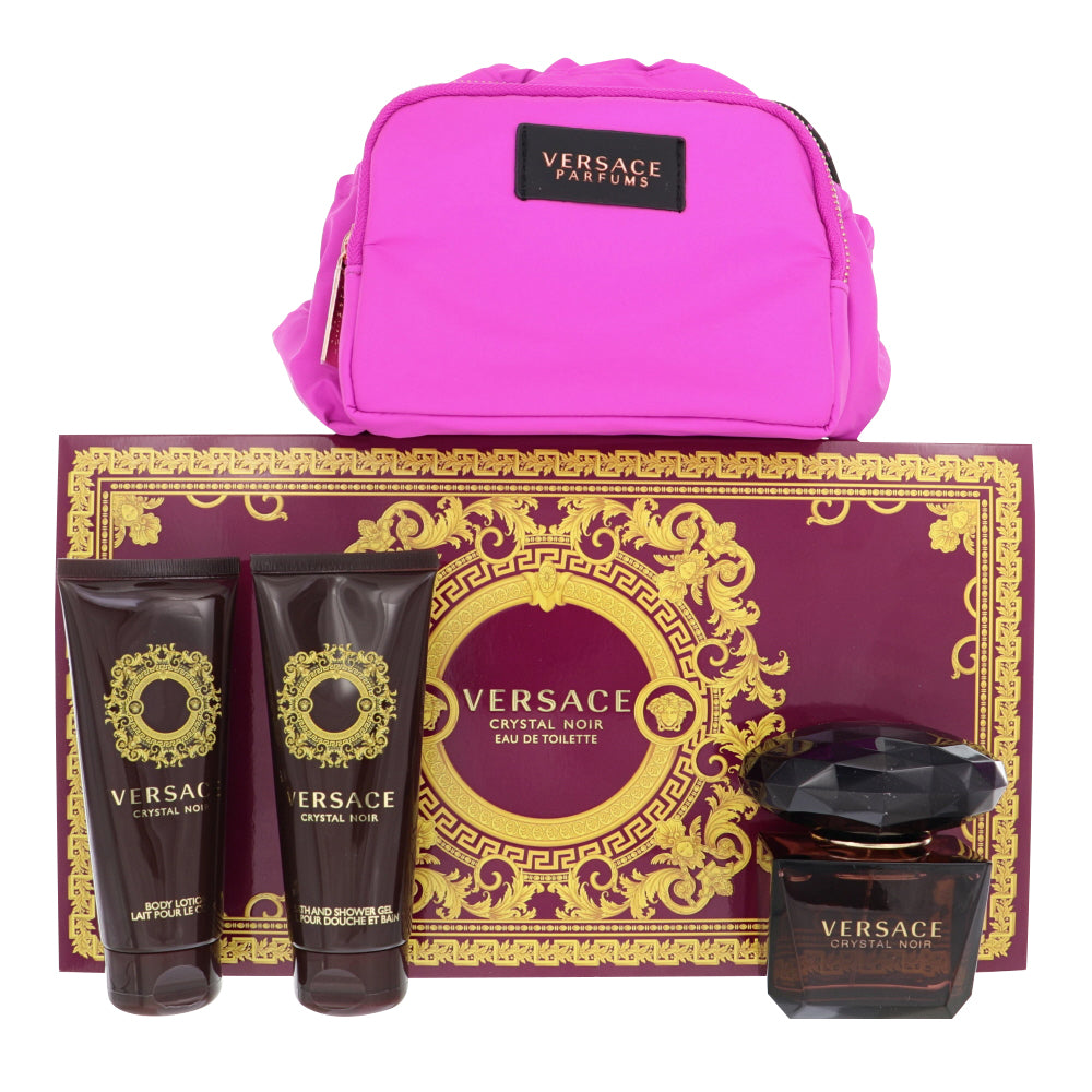 Versace Crystal Noir Perfume By Versace 4 Piece Gift Set - 3.0 Oz Eau De Toilette Spray, 3.4 Oz Bath & Shower Gel, 3.4 Oz Body Lotion,  Bag For Women In Gift Set