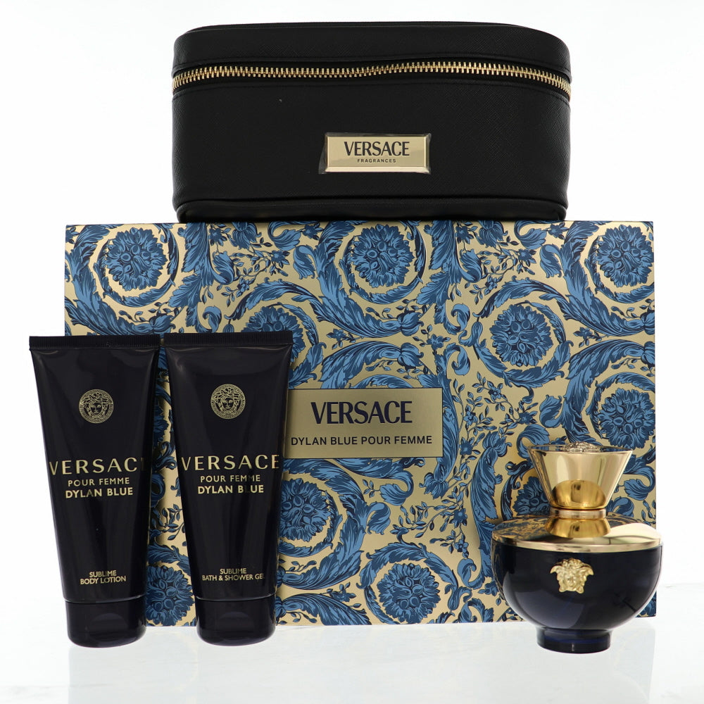 Versace Pour Femme Dylan Blue Perfume By Versace 4 Piece Gift Set - 3.4 Oz Eau De Parfum Spray, 3.4 Oz Bath & Shower Gel, 3.4 Oz Body Lotion,  Small Beauty Case For Women In Gift Set