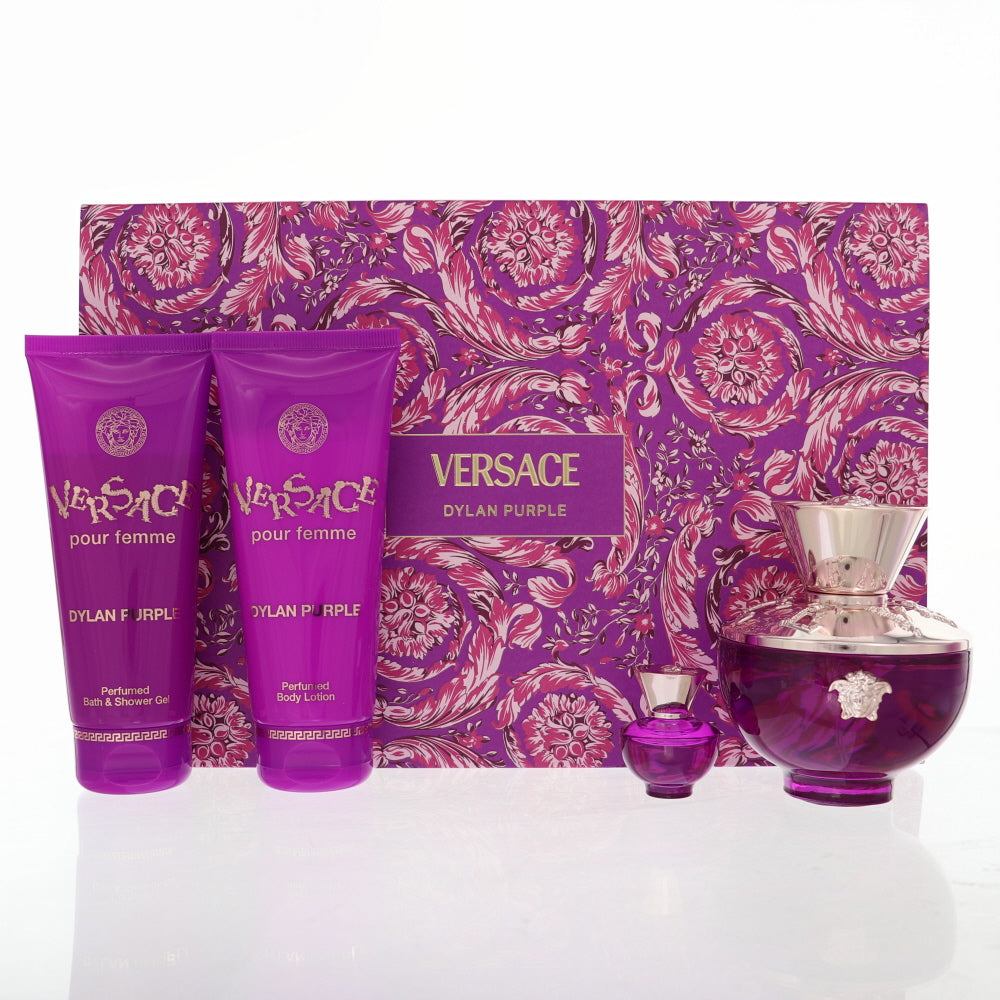 Versace Dylan Purple Perfume By Versace 4 Piece Gift Set - 3.4 Oz Eau De Parfum Spray, 0.17 Oz Eau De Parfum Spray, 3.4 Oz Bath And Shower Gel, 3.4 Oz Body Lotion For Women In Gift Set