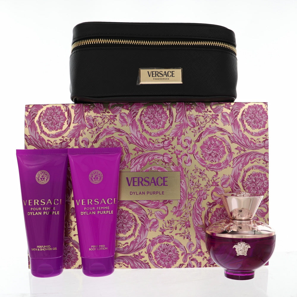 Versace Dylan Purple by Versace Gift Set 4 Pcs (3.4 oz EDP Spray, B/L, S/Gel & bag) for Women