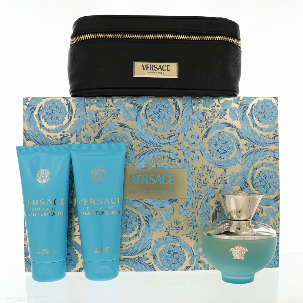 Dylan Turquoise Perfume By Versace 4 Piece Gift Set - 3.4 Oz Eau De Toilette Spray, 3.4 Oz Bath & Shower Gel, 3.4 Oz Body Gel,  Small Beauty Case For Women In Gift Set