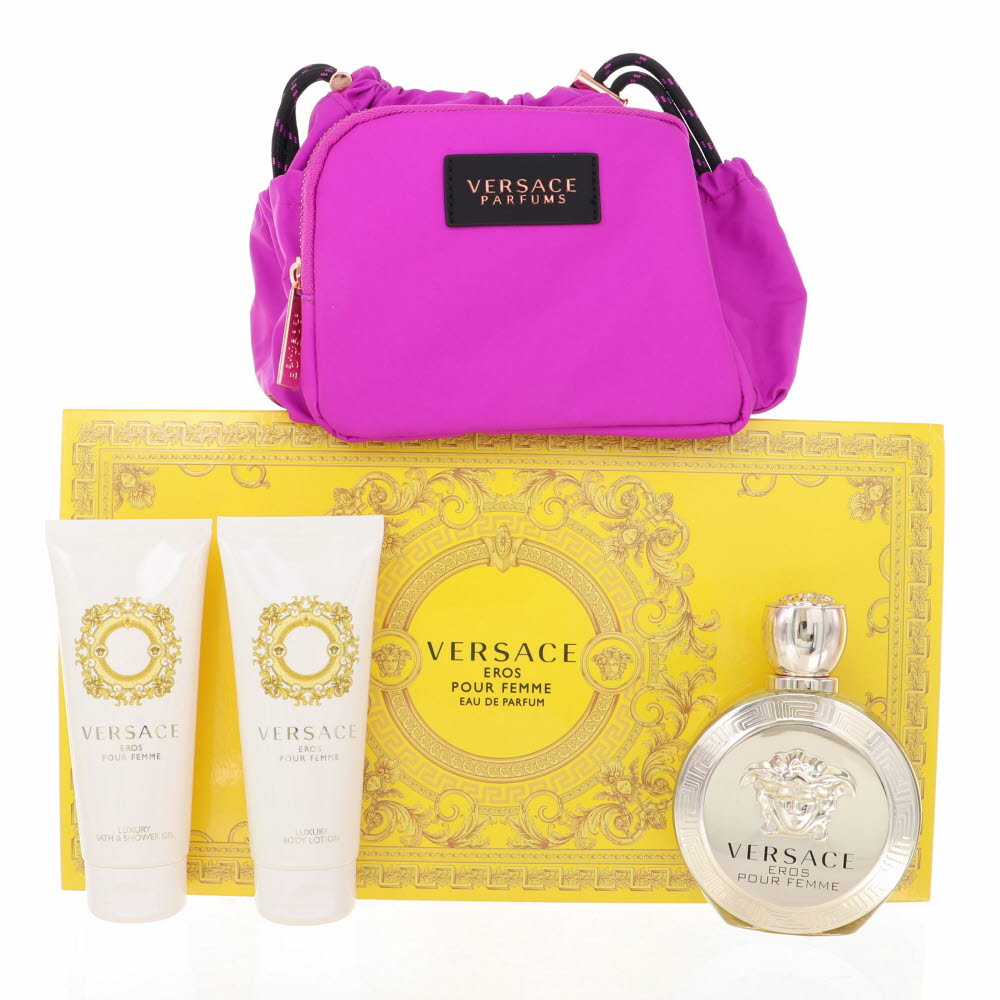 Versace Eros Pour Femme Perfume By Versace 4 Piece Gift Set - 3.4 Oz Eau De Parfum Spray, 3.4 Oz Bath & Shower Gel, 3.4 Oz Body Lotion,  Versace Soft Make Up Case For Women In Gift Set