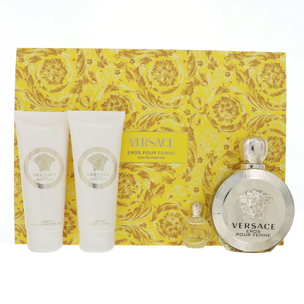 Versace Eros Pour Femme Perfume By Versace 4 Piece Gift Set - 3.4 Oz Eau De Parfum Spray, 0.17 Oz Eau De Parfum Spray, 3.4 Oz Bath & Shower Gel, 3.4 Oz Body Lotion For Women In Gift Set