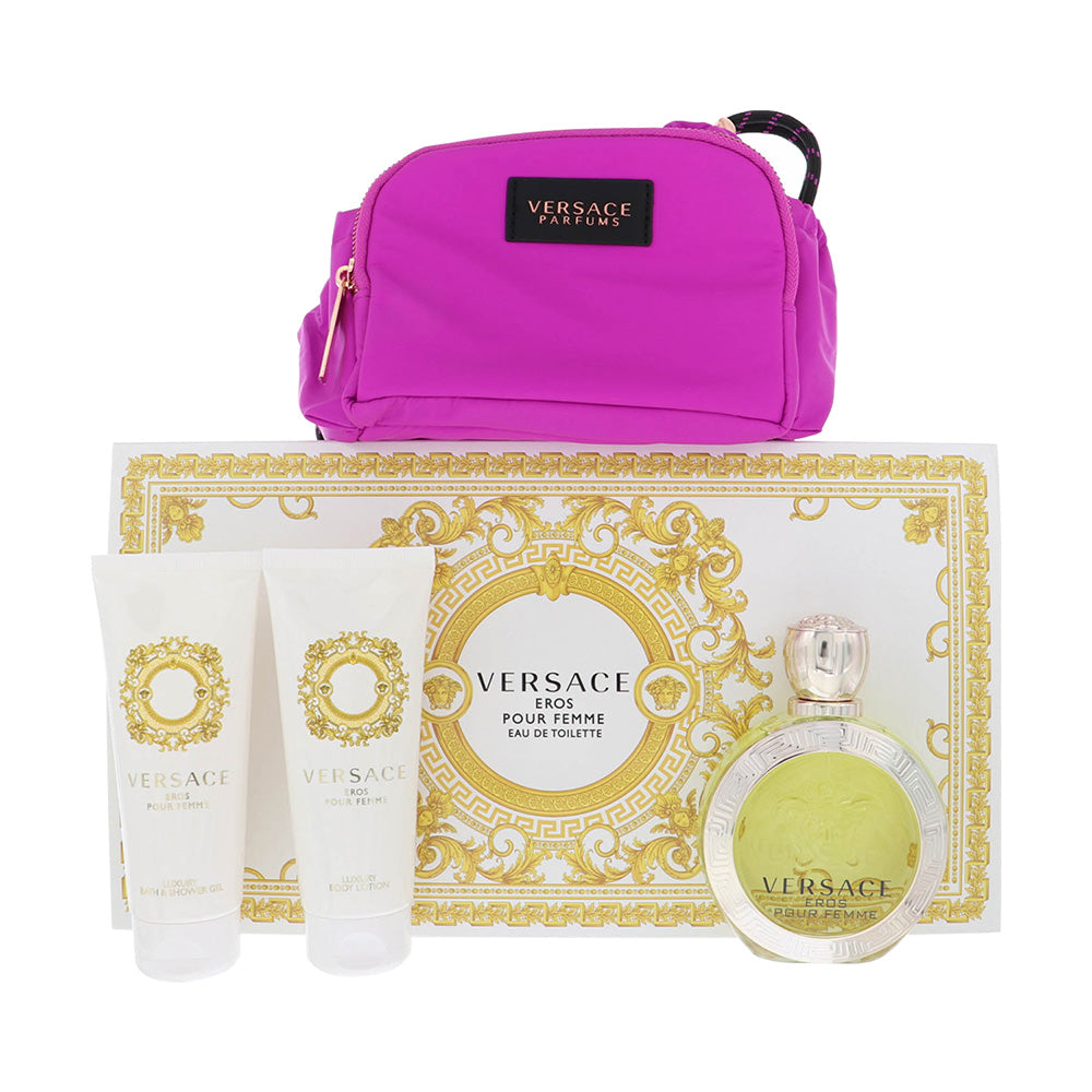 Versace Eros Pour Femme Perfume By Versace 4 Piece Gift Set - 3.4 Oz Eau De Toilette Spray, 3.4 Oz Bath & Shower Gel, 3.4 Oz Body Lotion,  Soft Make Up Case For Women In Gift Set