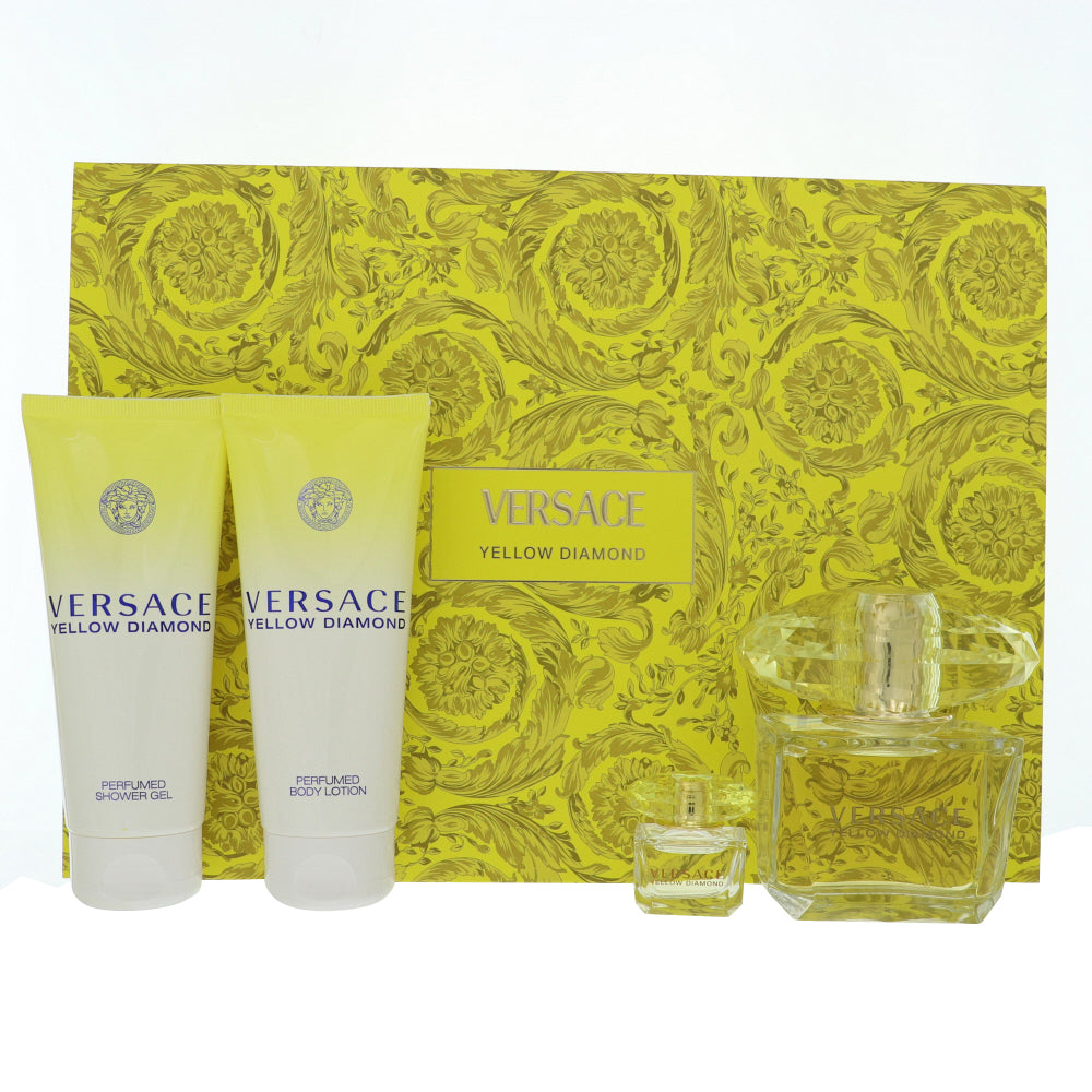 Versace Yellow Diamond Perfume By Versace 4 Piece Gift Set - 3.0 Oz Eau De Toilette Spray, 0.17 Oz Eau De Toilette Spray, 3.4 Oz Body Lotion, 3.4 Oz Shower Gel For Women In Gift Set