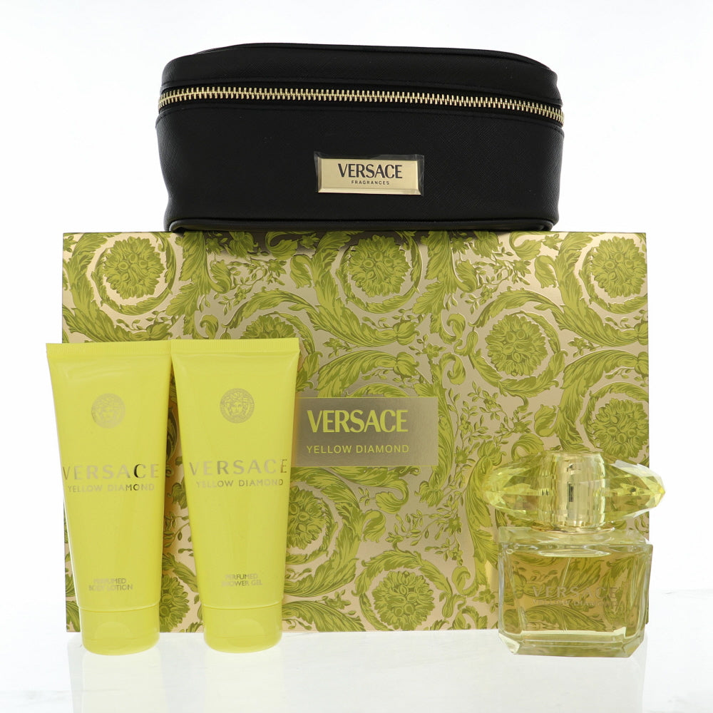 Yellow Diamond Perfume By Versace 4 Piece Gift Set - 3.0 Oz Eau De Toilette Spray, 3.4 Oz Body Lotion, 3.4 Oz Shower Gel,  Small Beauty Case For Women In Gift Set