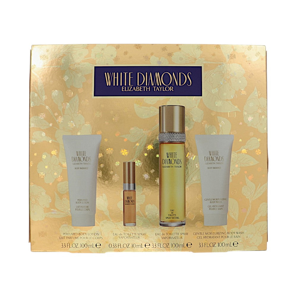 White Diamonds L by Elizabeth Taylor 4 Pc Gift Set, EDT Sp + 3.4 oz Edt Spray + 3.4 oz B/L + 3.4 oz S/Gel + Mini for Women - Perfumes4All