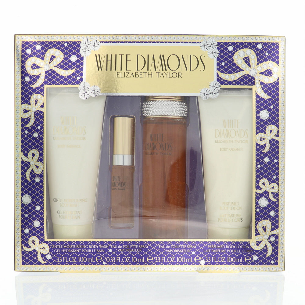 White Diamonds Perfume By Elizabeth Taylor 4 Piece Gift Set - 3.3 Oz Eau De Toilette Spray, 0.33 Oz Eau De Toilette Spray, 3.3 Oz Perfumed Body Lotion, 3.3 Oz Gentle Moisturizing Body Wash For Women In Gift Set