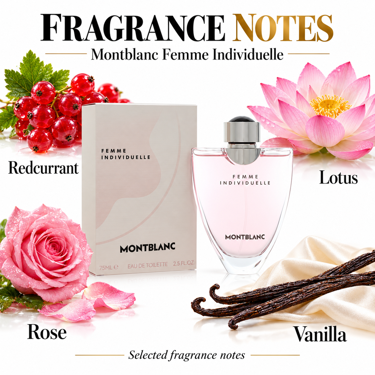 Montblanc Femme Individuelle fragrance notes: redcurrant, lotus, rose, vanilla