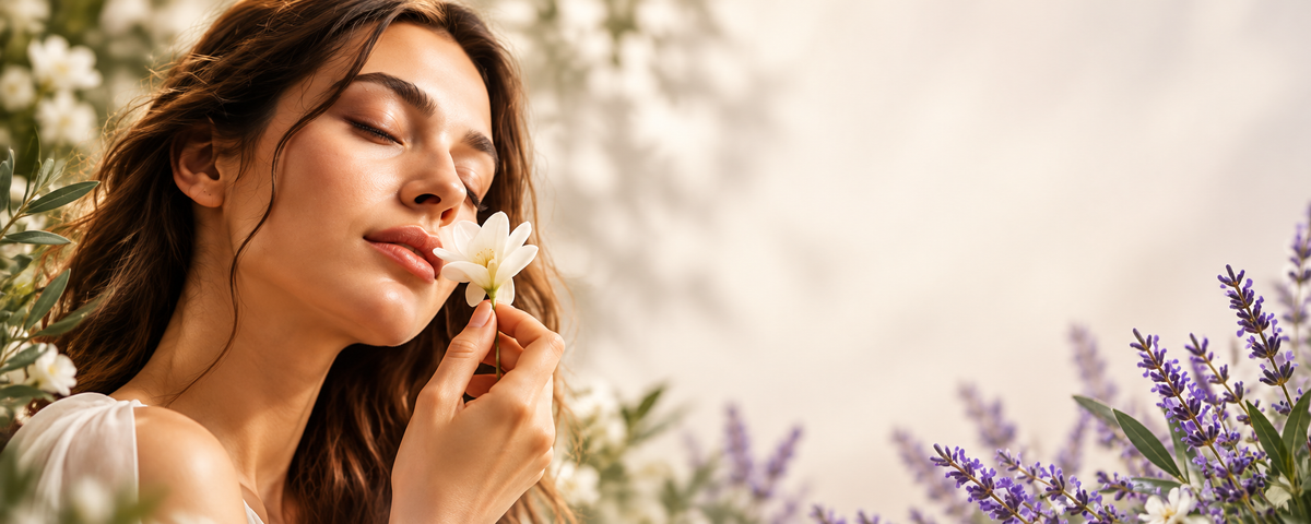 Woman smelling a white flower with lavender accents against a soft cream background