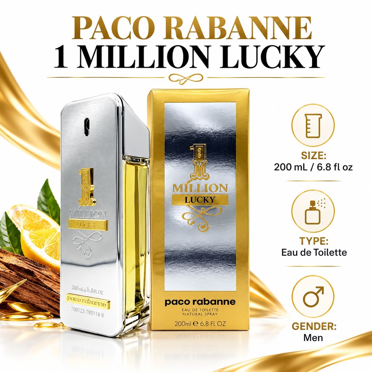 Paco Rabanne 1 Million Lucky — 200 mL / 6.8 fl oz — Eau de Toilette — Men — UPC 3349668566211 — Drive 1oCuwbPs0gkB_LR6OSu8LcEYFNrdpLyt9 — SHA256 8669b445e684e53df735300a41f8cd34ab5b418c5a7989fcfb27d5b456a1390a