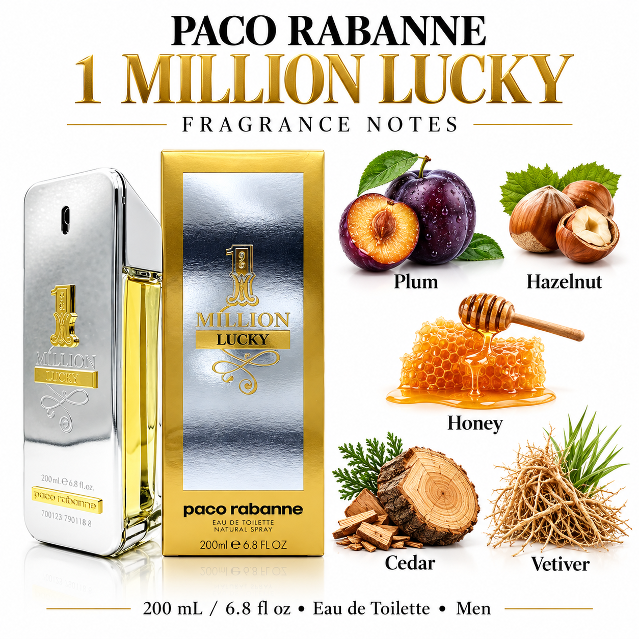 Paco Rabanne 1 Million Lucky fragrance notes: Plum, Hazelnut, Honey, Cedar, Vetiver — 200 mL Eau de Toilette Men — UPC 3349668566211 — Drive 10senPZcf7q-jKKWarmLC6ZZLnQpW6O26 — SHA256 4aedf79ca7c6fcdbb4f935c768abbfc3f74408031614b07be7fef0bea8579b47