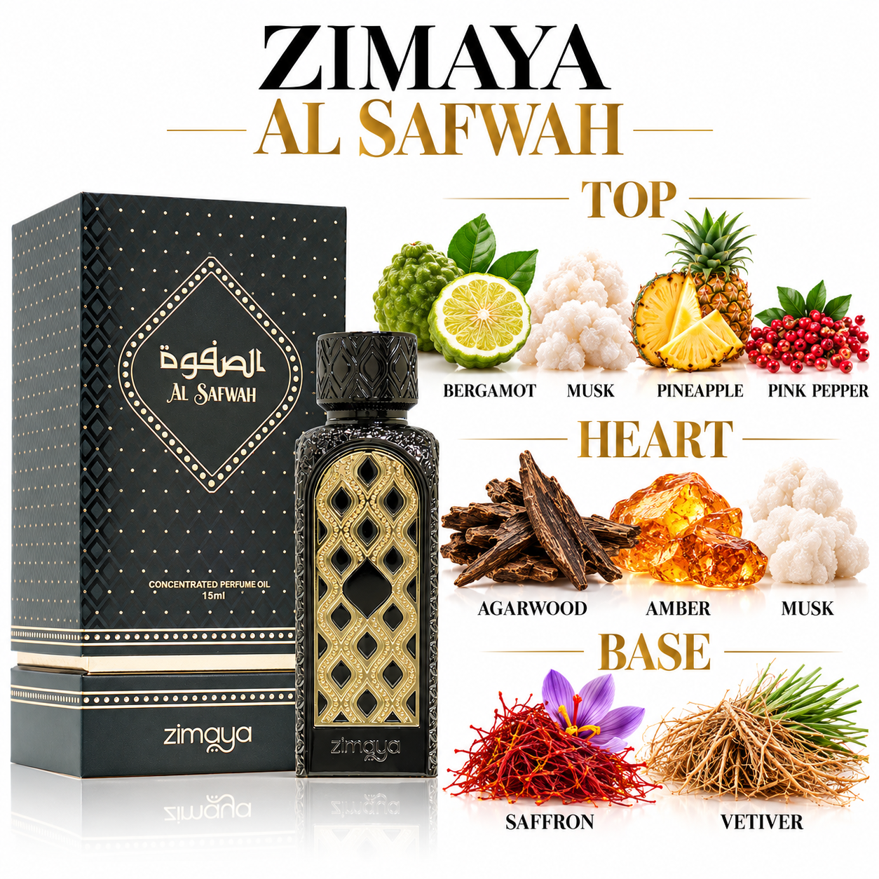 Zimaya Al Safwah fragrance notes: bergamot, musk, pineapple, pink pepper, agarwood, amber, saffron, vetiver