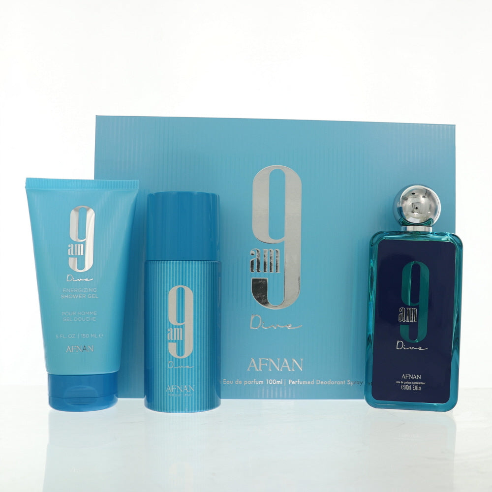 9 Am Dive Cologne By Afnan 3 Piece Gift Set - 3.4 Oz Eau De Parfum Spray, 5.0 Oz Shower Gel, 5.0 Oz Deodorant Spray For Men In Gift Set